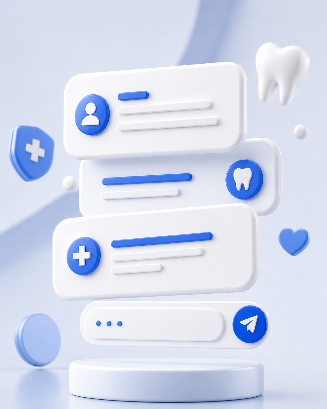 3D render of stacked chat message cards with a blue send button