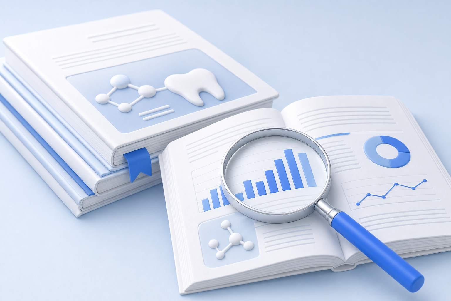 3D render of a stack of journal pages with a bookmark and magnifying lens